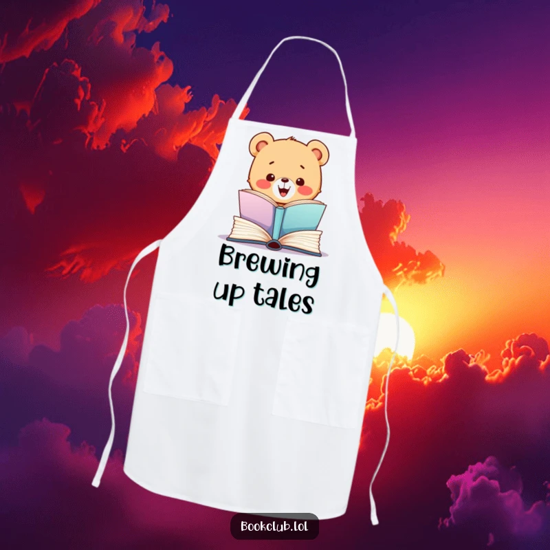 Funny apron with a bear cub enthusiastically opening a large book, perfect for kitchen fun and as a funny gift.