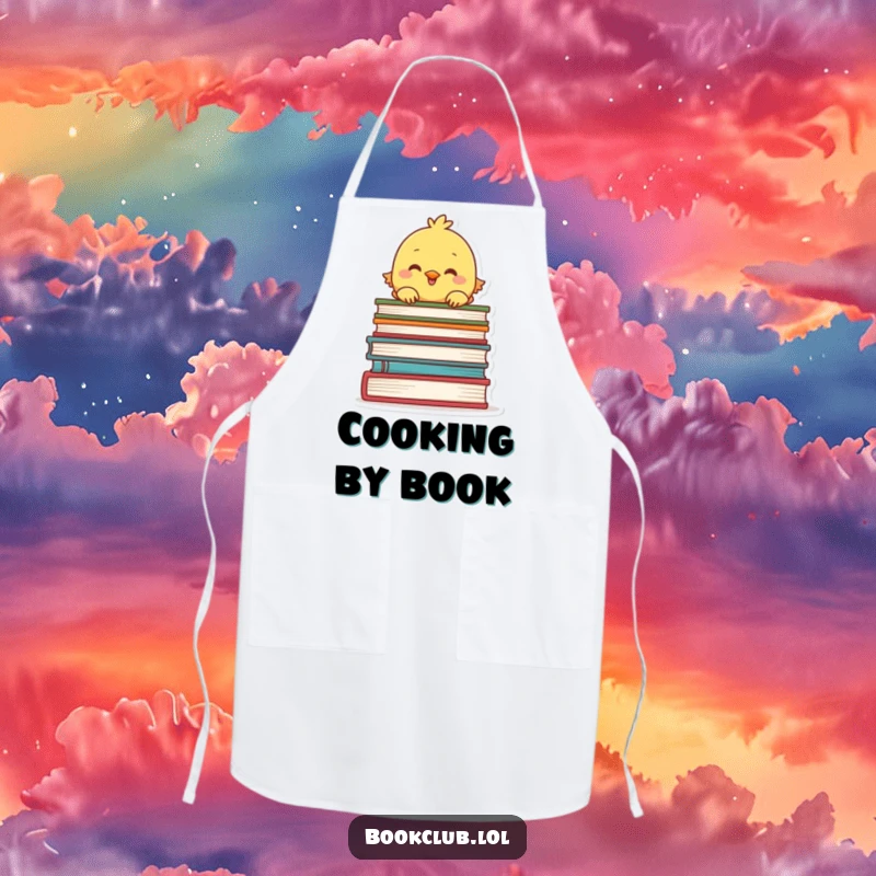 Funny apron with a chick peeking over a stack of books, perfect for kitchen fun, great funny gift.