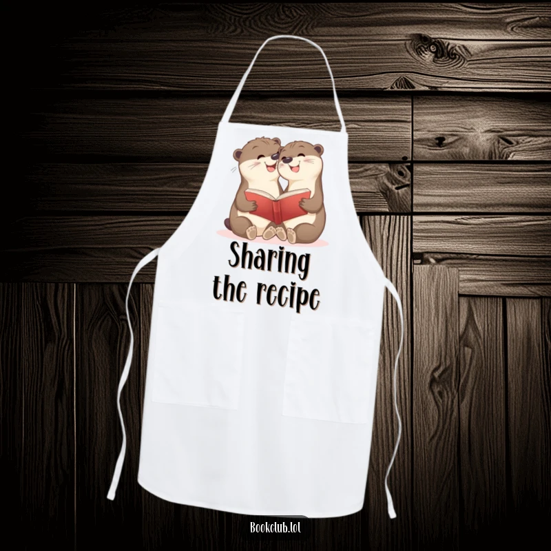 Funny apron with smiling otter cubs sharing a book, perfect for shared cooking and as a funny gift.