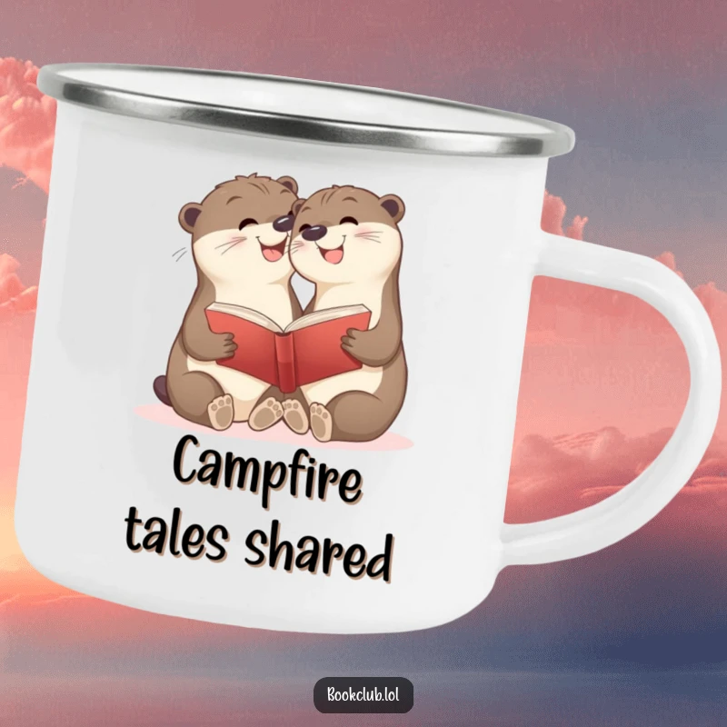 Funny camping mug with smiling otter cubs sharing a book, perfect for outdoor adventures and as a funny gift.