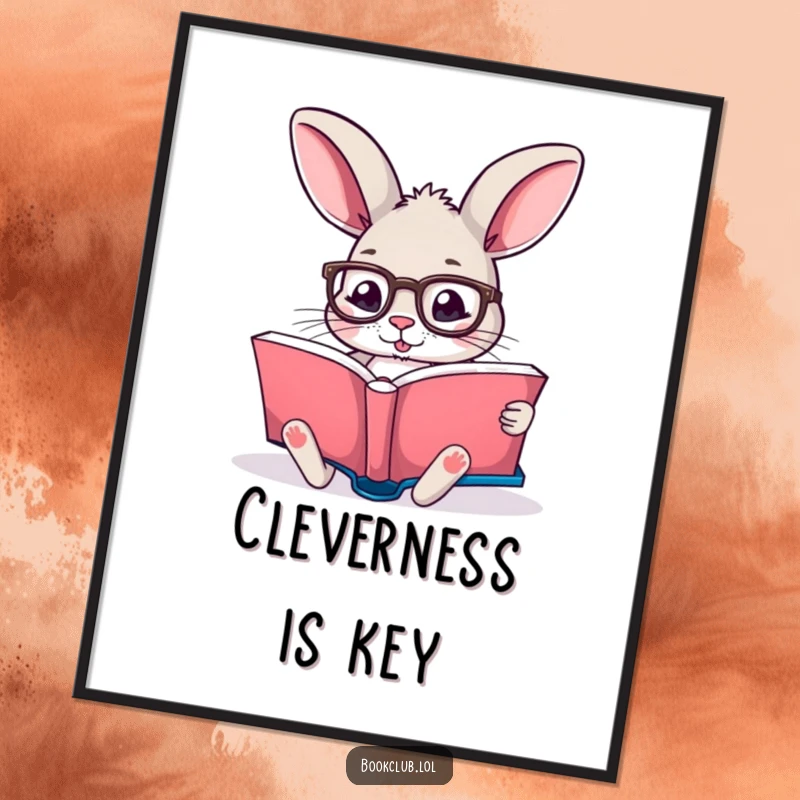 Funny digital art print of a rabbit wearing reading glasses, engrossed in a book, instant download, perfect funny gift.