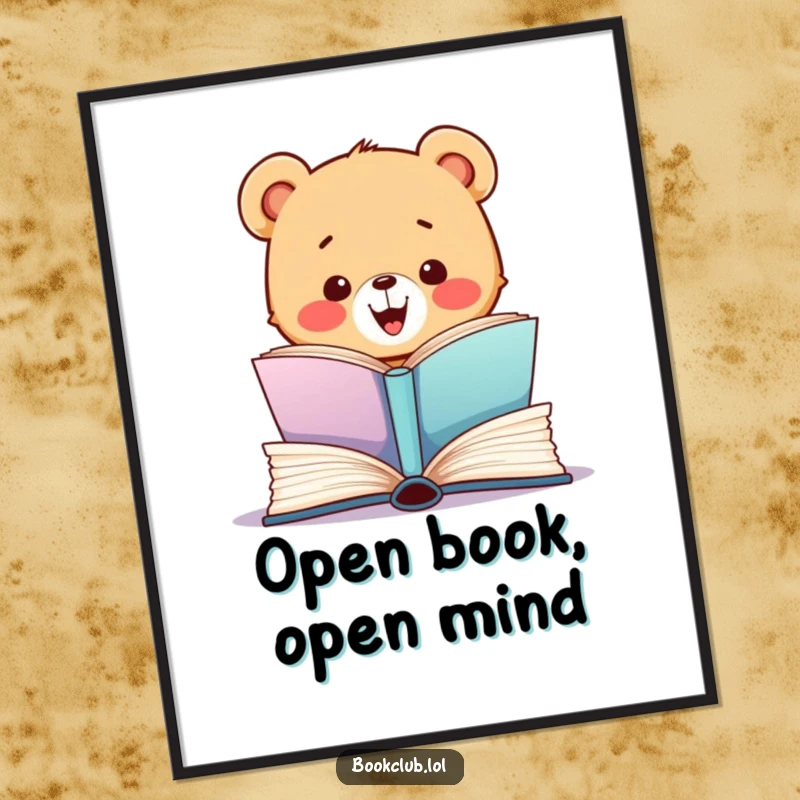 Funny digital art print of an excited bear cub opening a large, colorful book, instant download, perfect funny gift.