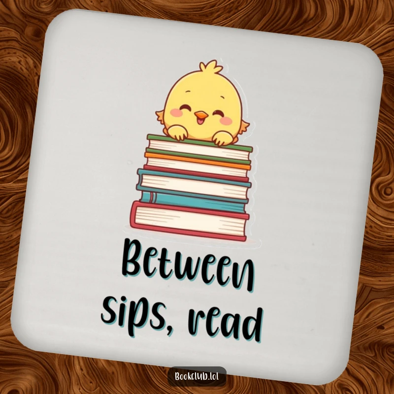 Funny drink coaster with a chick peeking over a stack of books, protecting surfaces with literary charm, funny gift.