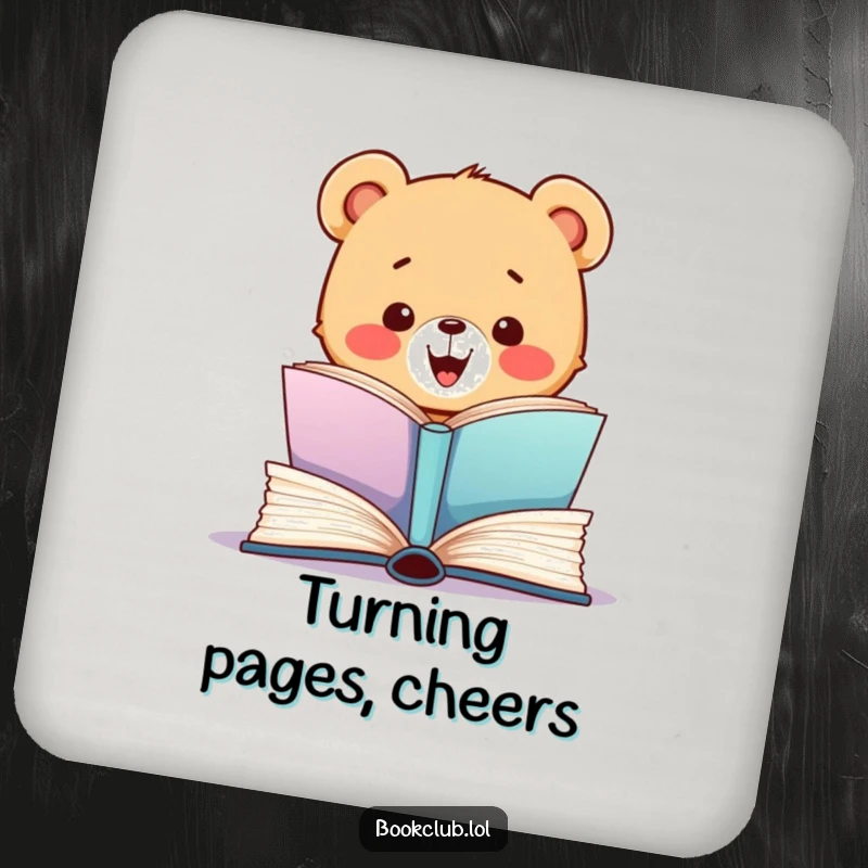 Funny drink coaster with a bear cub excitedly opening a book, protecting surfaces with literary charm, perfect funny gift.