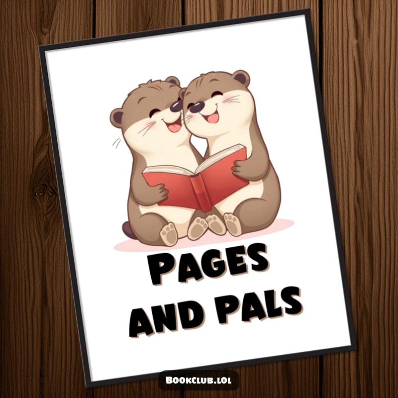 Funny poster art of happy otter cubs smiling and sharing a book, promoting friendship and reading, great funny gift.