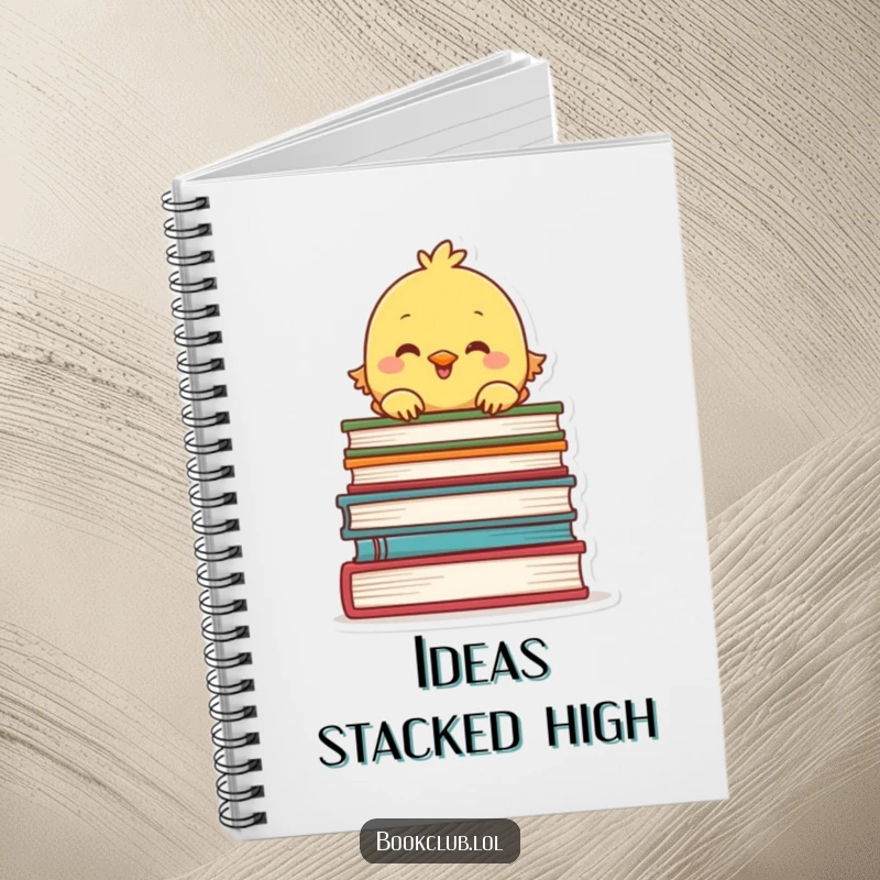 Funny notebook with a chick peeking over a stack of books, inspiring creativity, perfect for notes, funny gift.