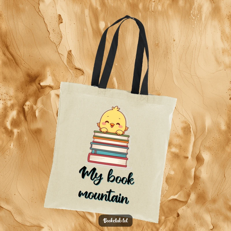 Funny tote bag with a chick peeking over a stack of books, perfect for carrying literature, delightful funny gift.